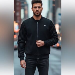 Hodson outerwear  Stylish Black Bomber Jacket with Textured Sleeves